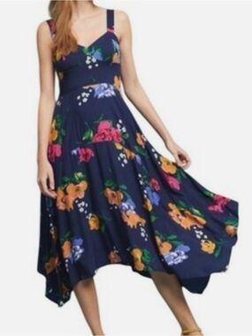 Anthropologie Maeve Vivienne Navy Floral Print, Asymmetrical Sundress, size 2